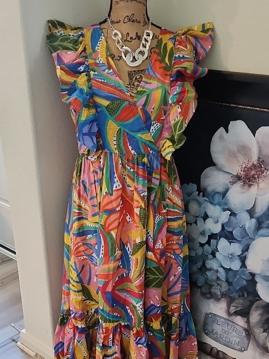 Sugarlips Dresses & Skirts - Sugarlips Multicolor Leaf Print Maxi Dress - Pink, Blue, Green, Yellow, Orange